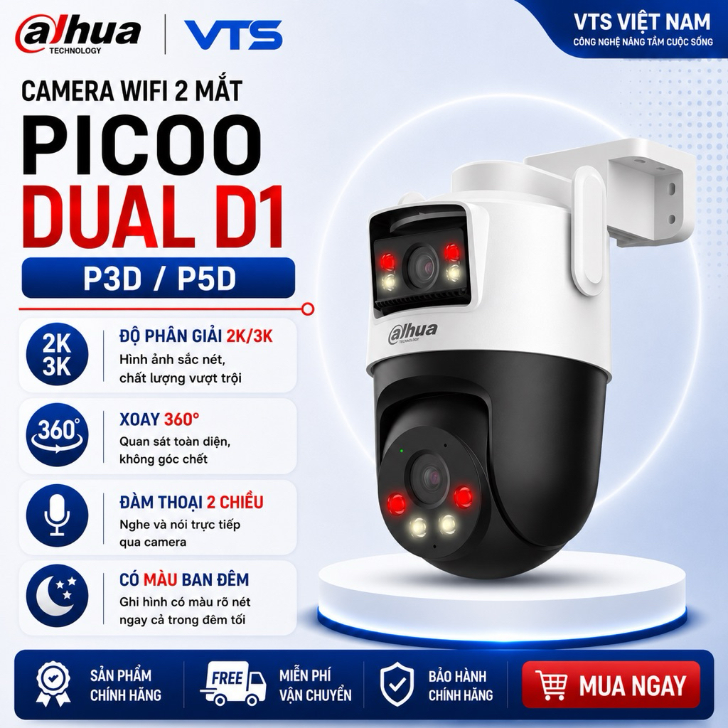 Camera Wifi 2 Mắt DAHUA Picoo Dual D1 P3D-3F-PV 6MP/P5D-5F-PV 10MP, Đàm Thoại 2 Chiều, Xoay 360 Độ