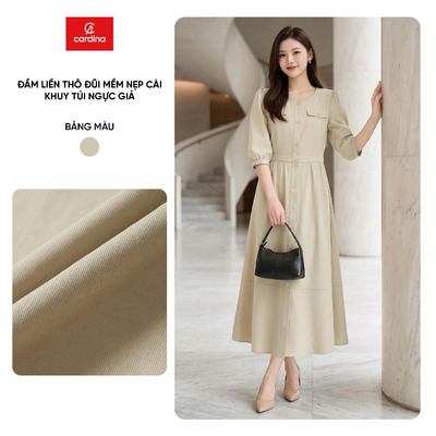 Đầm nữ CARDINA chất liệu thô đũi mềm nẹp cài khuy túi ngực giả 6VAD02