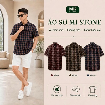 Áo Sơ Mi kẻ cho nam Stone MKCLEVER Chất kẻ lạnh Hàn mềm mịn, thoáng mát, chống nhăn, form rộng mặc hằng ngày 45-95kg