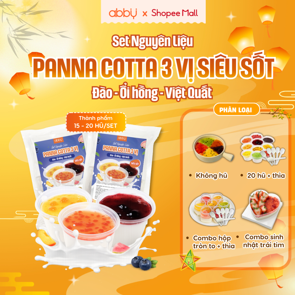 [ABBY] Set làm Panna Cotta 2,3 vị - Thành phẩm 2000ml 15 - 20 hũ/set - Bột trộn sẵn tiện lợi, mứt tr