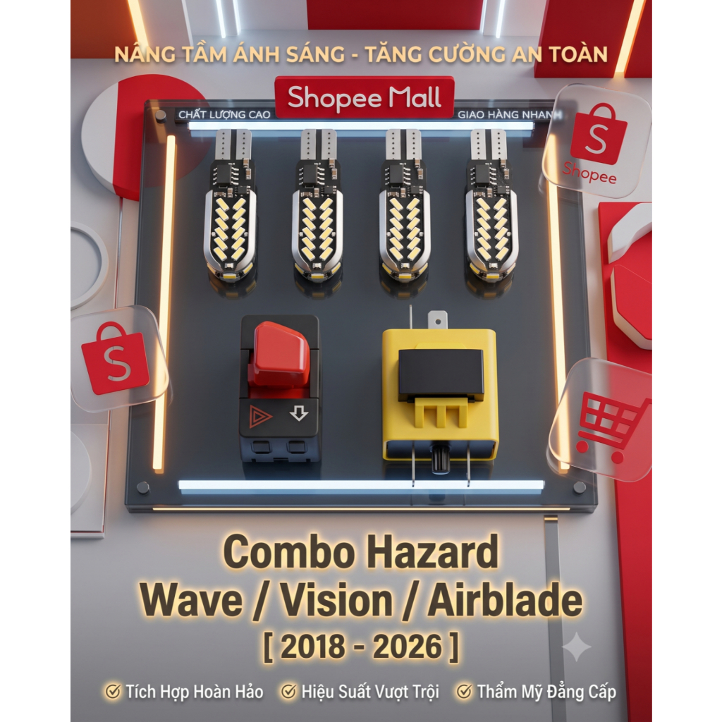 Combo Công Tắc Hazard Xe WAVE + 4 xi nhanT15 + Cục Chớp xi nhan Gắn Xe Wave