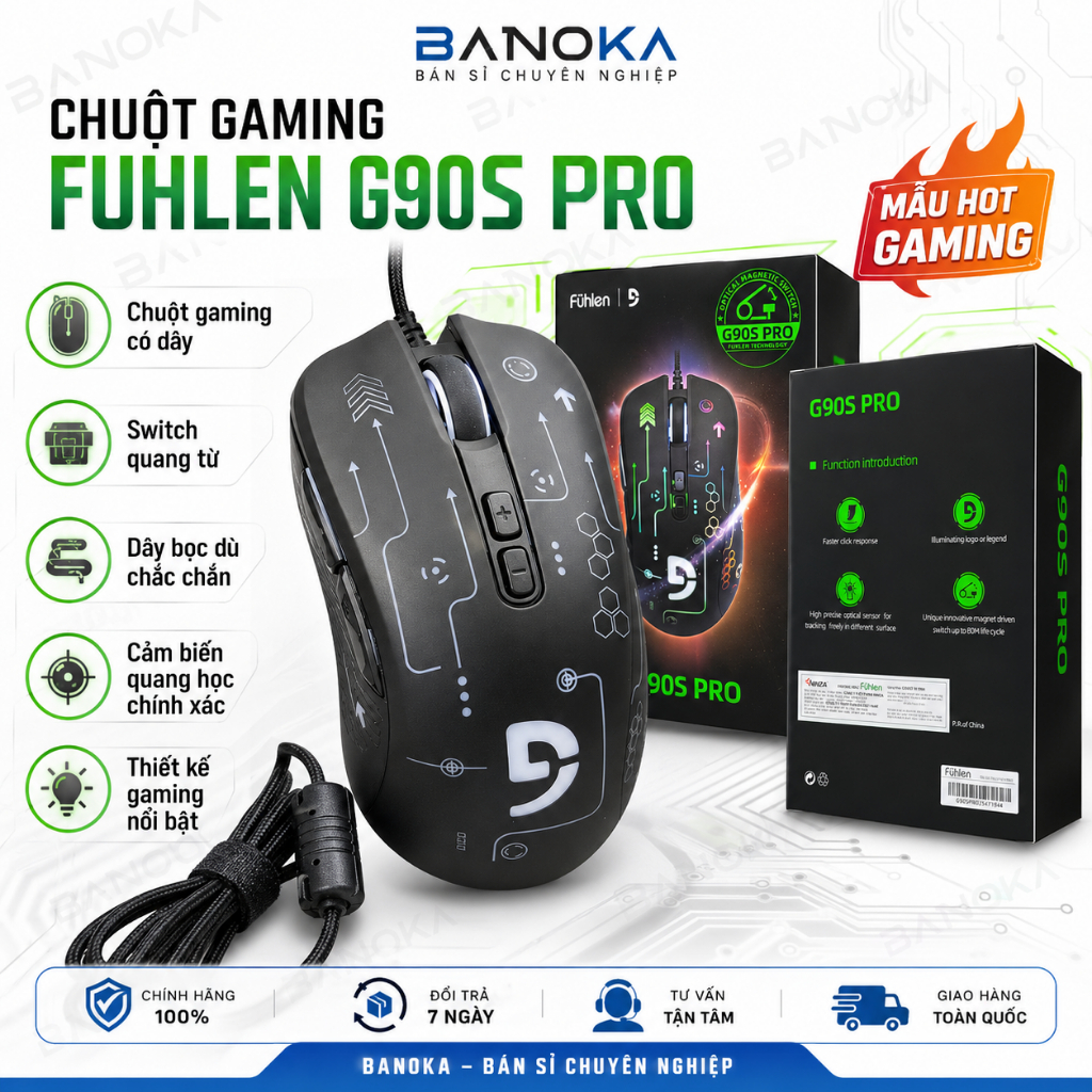 Chuột Gaming Có Dây Fuhlen G90S Pro Switch Quang Từ, LED Gaming, Dây Bọc Dù, Nút Chỉnh DPI
