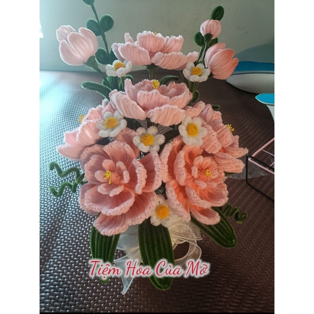 Chậu Hoa / Giỏ Hoa Mẫu Đơn Kẽm Nhung Tông Hồng