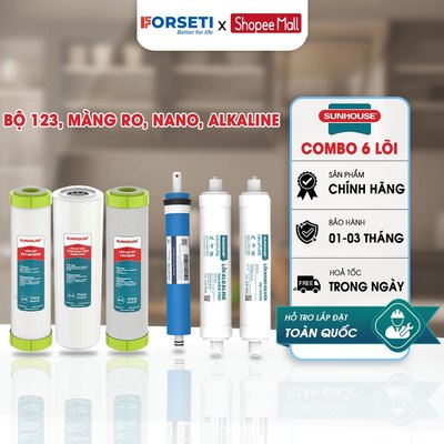 Combo 6 Lõi Lọc Nước Sunhouse Chính Hãng - Bộ Lõi 123, Màng RO, Nano Silver, Alkaline
