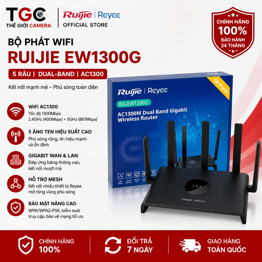Bộ phát WiFi Ruijie EW1300G 5 râu Dual-band AC1300 1300 hỗ trợ Mesh (chính hãng)