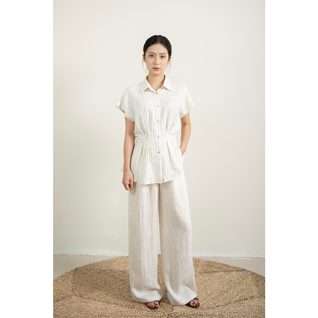 ZIEL Quần Linen Nữ Ống Rộng Cạp Chun Rút Dây Form Suông | Gigi Striped Trousers