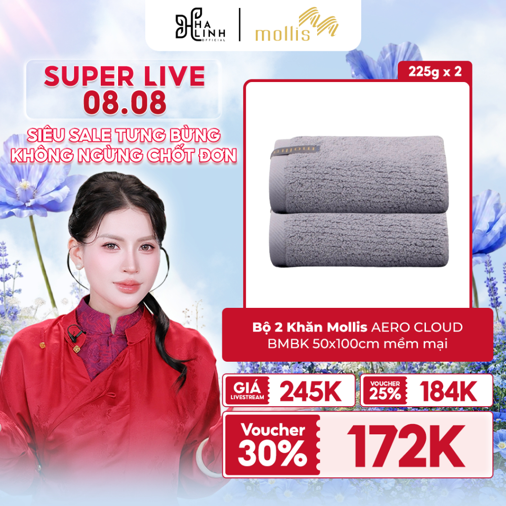 [Võ Hà Linh x Mollis] Bộ 2 khăn tắm Mollis AERO CLOUD BMBK 50x100cm, thoáng khí, ít rụng bông, thấm 