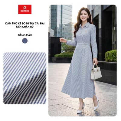 Đầm sơ mi nữ CARDINA chất liệu thô kẻ tay cài đỉa đai liền chân rủ 6VXD10