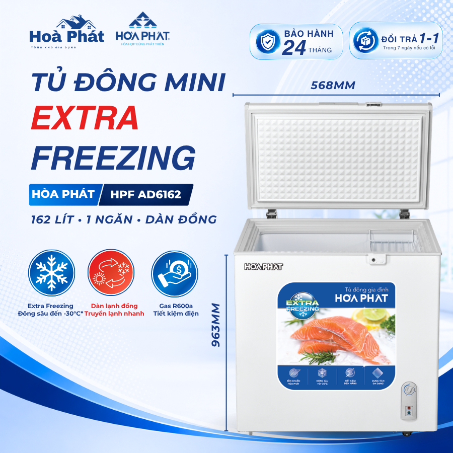 Tủ đông Hòa Phát HPF AD6162 162L 1 ngăn dàn đồng đông sâu Extra Freezing