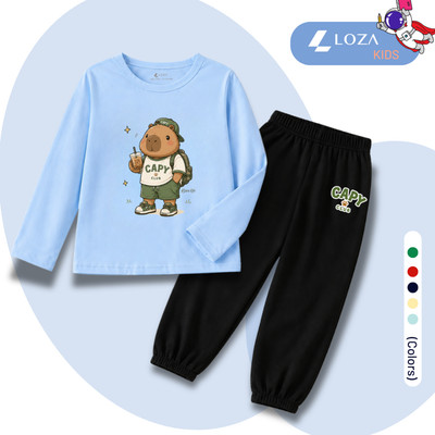 Bộ thu đông bé trai in CAPYBARA đeo balo- Bộ quần áo dài tay cho bé trai cân nặng từ 15-43kg - Loza Kids BW719
