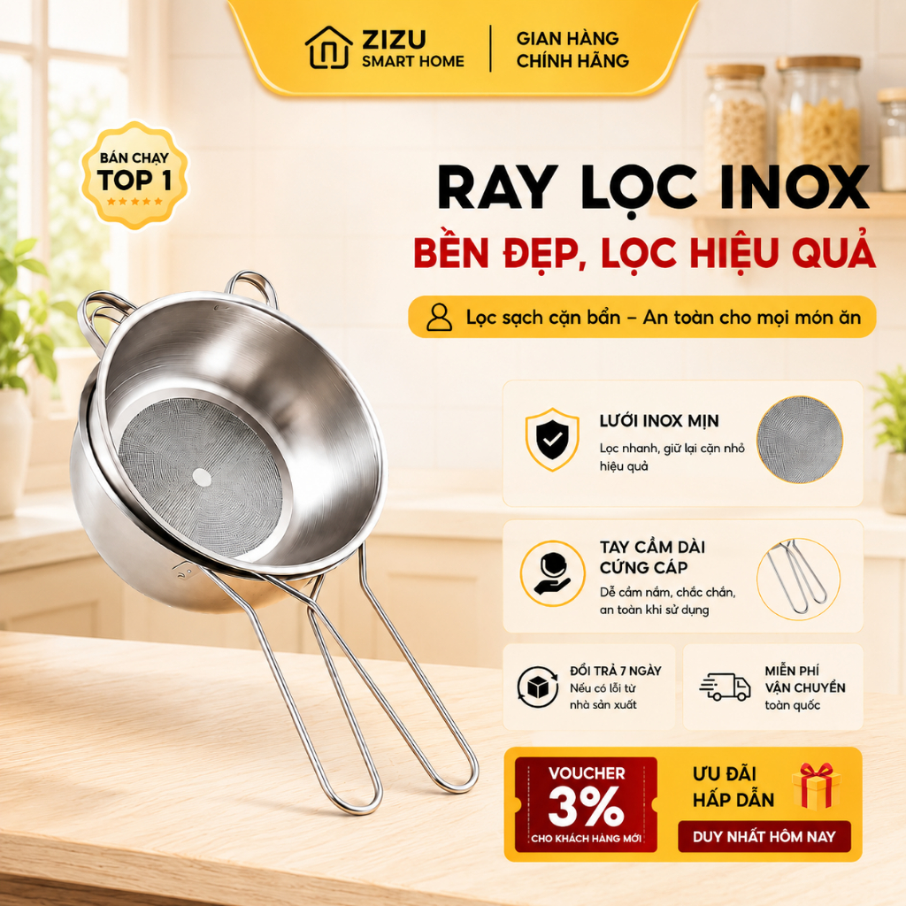 Ray Lọc Inox 304 - Lọc Siêu Mịn, Lọc Sữa Đậu Nành, Bột,Nước Cốt Dừa, Sàng Lọc Gạo, Tay Cầm Dài