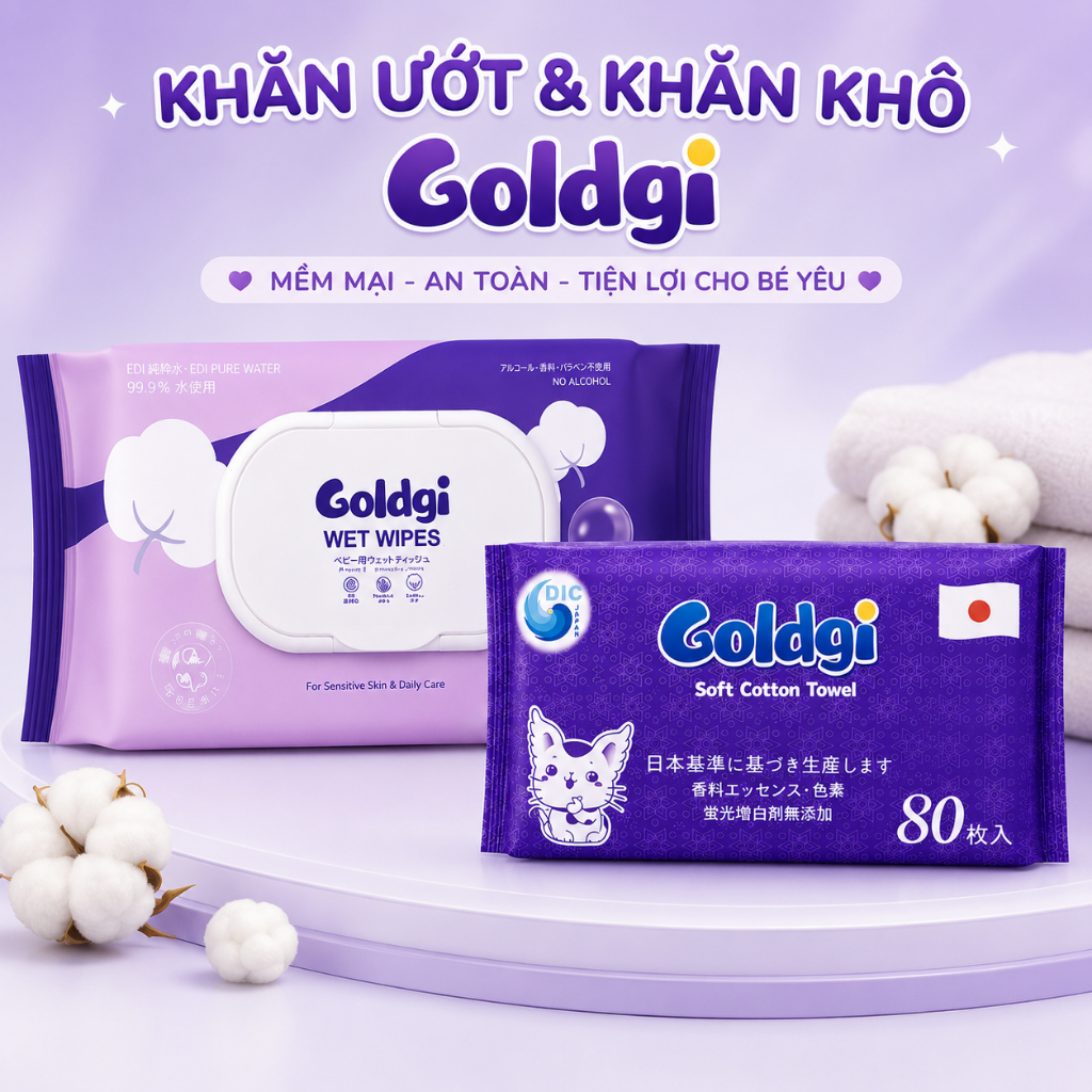 Combo Chăm Bé Goldgi gồm 01 gói Khăn Ướt  và 01 gói Khăn Khô 80 tờ Chính Hãng