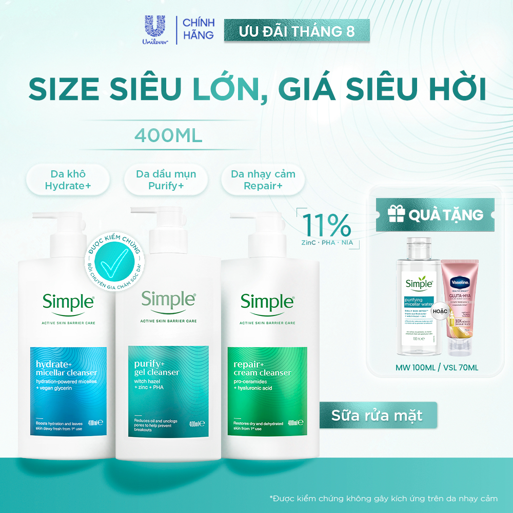[MỚI] Sữa Rửa Mặt Simple 400ml Purify+ Giảm Mụn Sau 7 Ngày, Repair+ Phục Hồi Da, Hydrate+ Giúp Da Tr