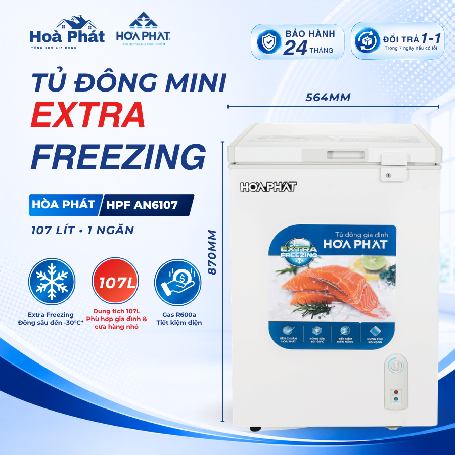 Tủ đông mini Hòa Phát HPF AN6107 107L 1 ngăn dàn nhôm Đông sâu Extra Freezing