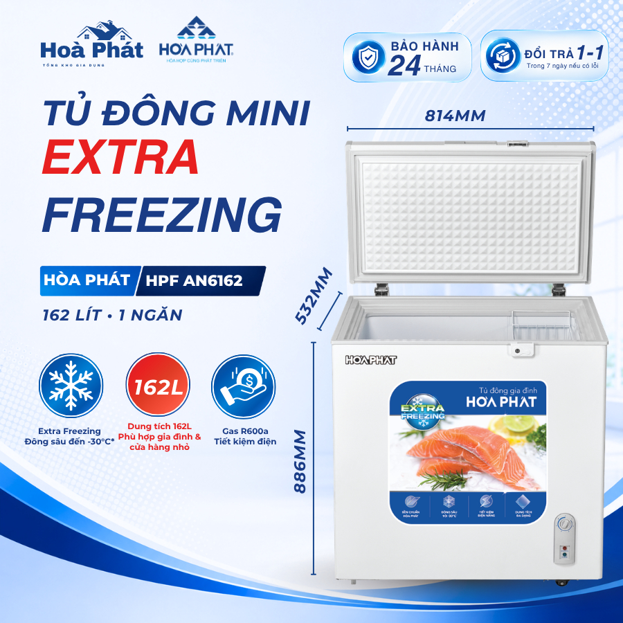 Tủ đông Hòa Phát HPF AN6162 162L 1 ngăn dàn nhôm Đông sâu Extra Freezing