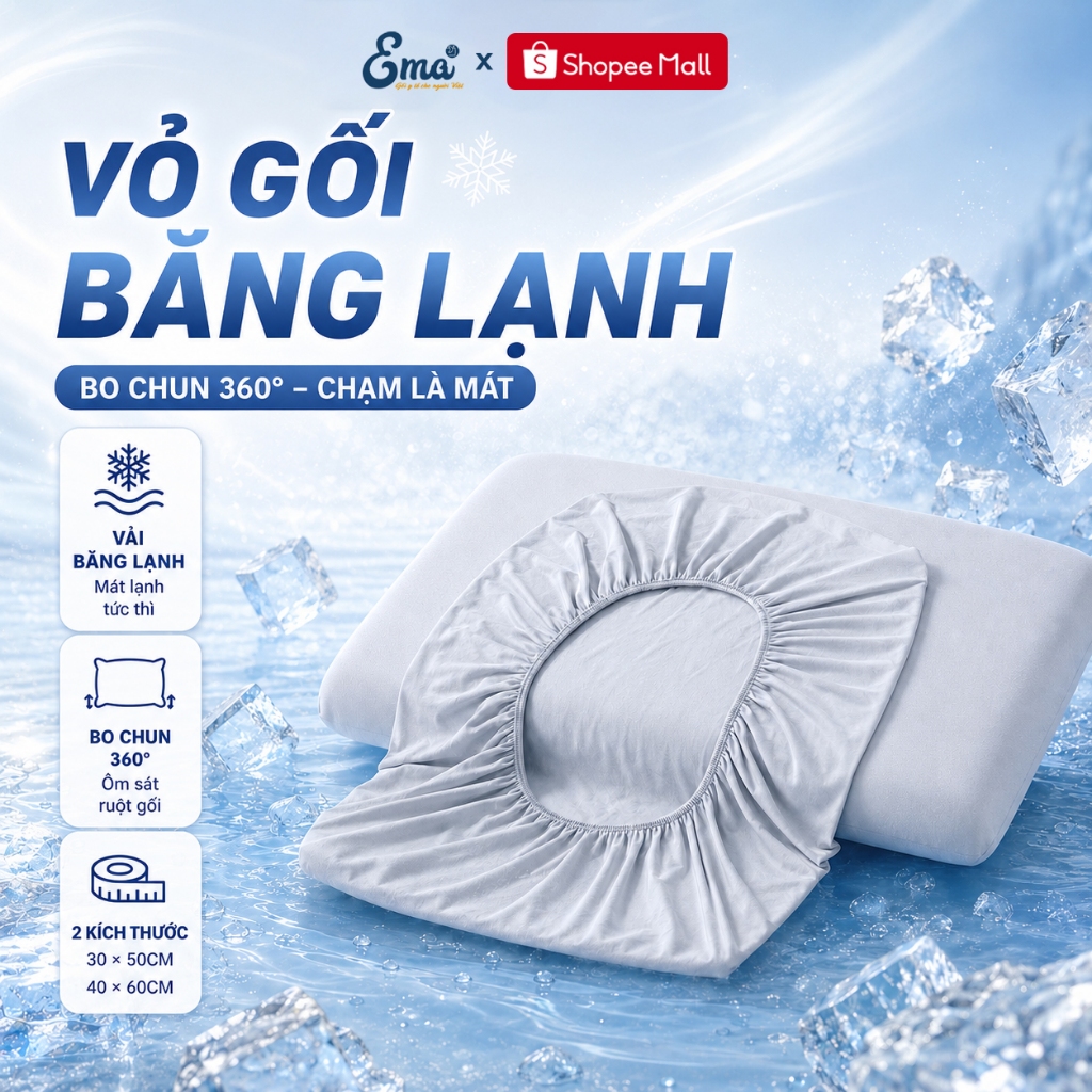 Vỏ Gối Băng Lạnh Bo Chun 360° EMA - Áo Gối Nằm Mát Mịn Thoáng Khí Co Giãn Lồng Nhanh Không Khóa Kéo | BigBuy360 - bigbuy360.vn