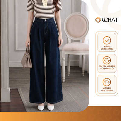 Quần Jean Nữ 𝐂𝐂𝐇𝐀𝐓 Dáng Suông Charming Xếp Ly Trước Bo Viền Gấu Chất Liệu Jeans Cao Cấp 26GDJ2011ST