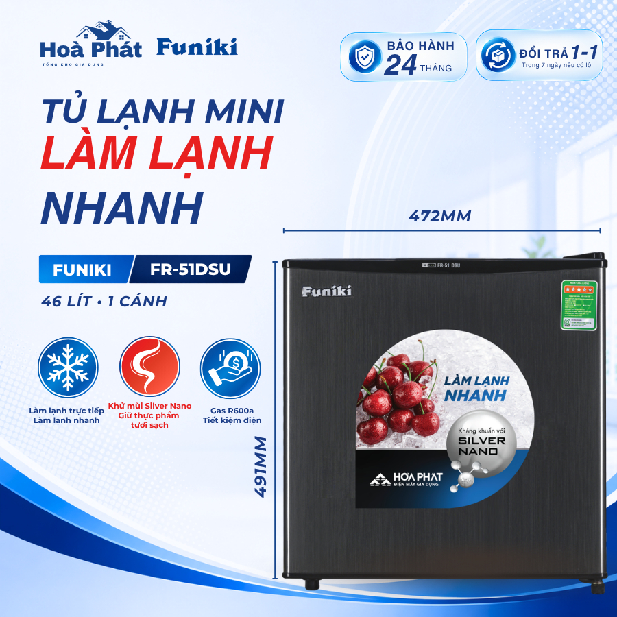 Tủ lạnh mini Funiki FR-51DSU 46L 1 cánh làm lạnh trực tiếp khử mùi tiết kiệm điện