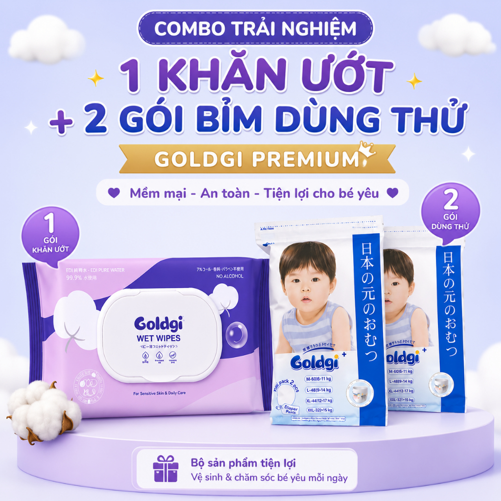 Combo Trải Nghiệm Goldgi Premium gồm 1 Khăn Ướt 100 tờ  và 2 Gói Bỉm Dùng Thử