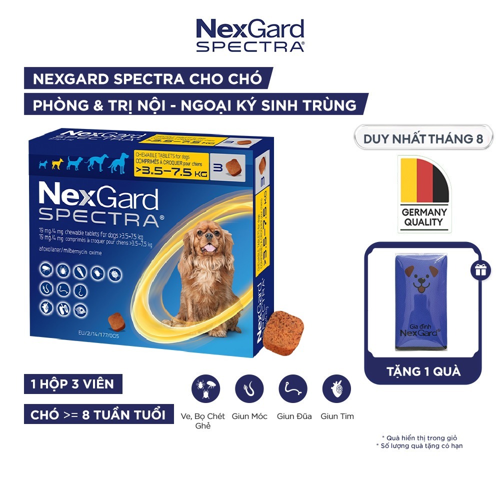 [FREE QUÀ TẶNG] NexGard SPECTRA - Viên nhai mềm phòng nội,ngoại ký sinh trùng dành cho Chó size S (3.5-7.5kg)