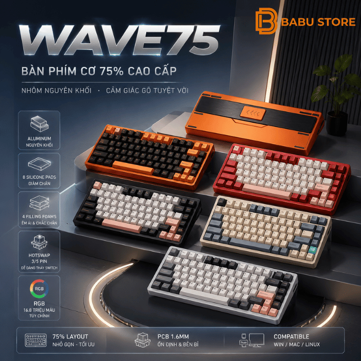 [BH 12TH]  Bàn phím cơ PMO WAVE75 Kết Nối 3 Mode,Ball catch, Full Nhôm, Led RGB, THE BABU