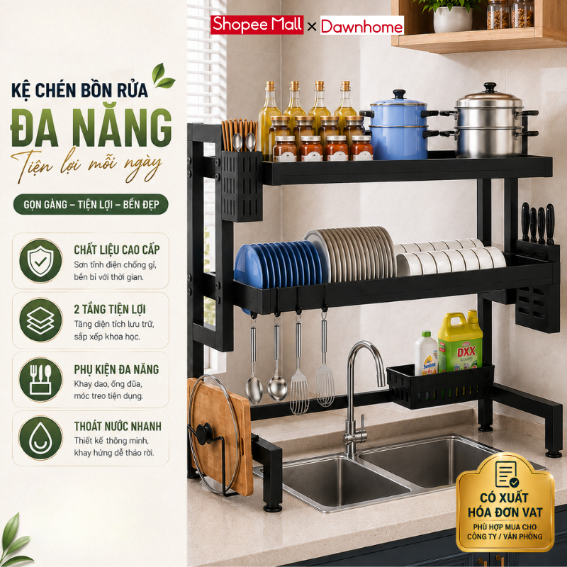 DawnHome 65-125CM Kệ đựng bát đĩa Trên Bồn Rửa Bát Cao Cấp Đa Năng 1/2 Tầng Kệ Để Chén Đĩa Trên Bồn 