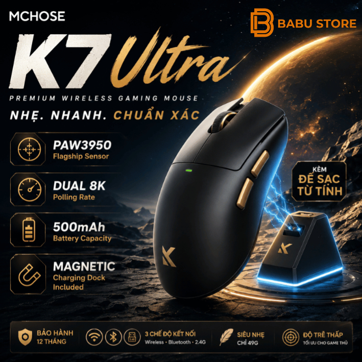 [BH 12TH] Chuột không dây Mchose K7 Ultra | PAW3950 Ultra | 8K Polling Rate | THEBABUSTORE (Tặ túi đ