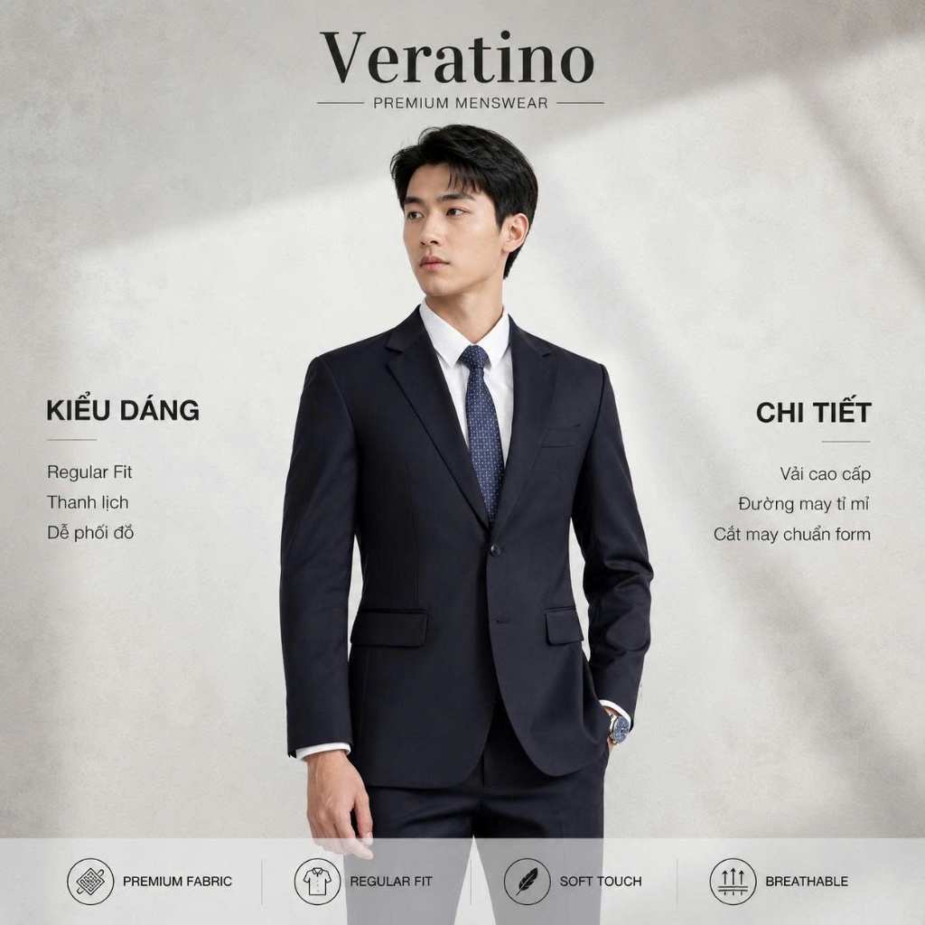 Áo vest nam 2 cúc form chuẩn có đệm vai đệm ngực thương hiệu Veratino