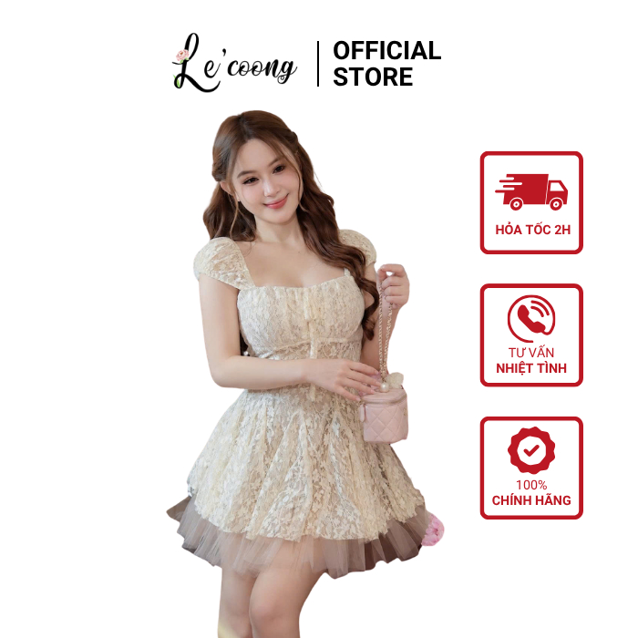 Váy Thiết Kế Dáng Xòe Tầng Viền Ren LECOONG V893 Váy Đẹp Cổ Vuông Sang Chảnh