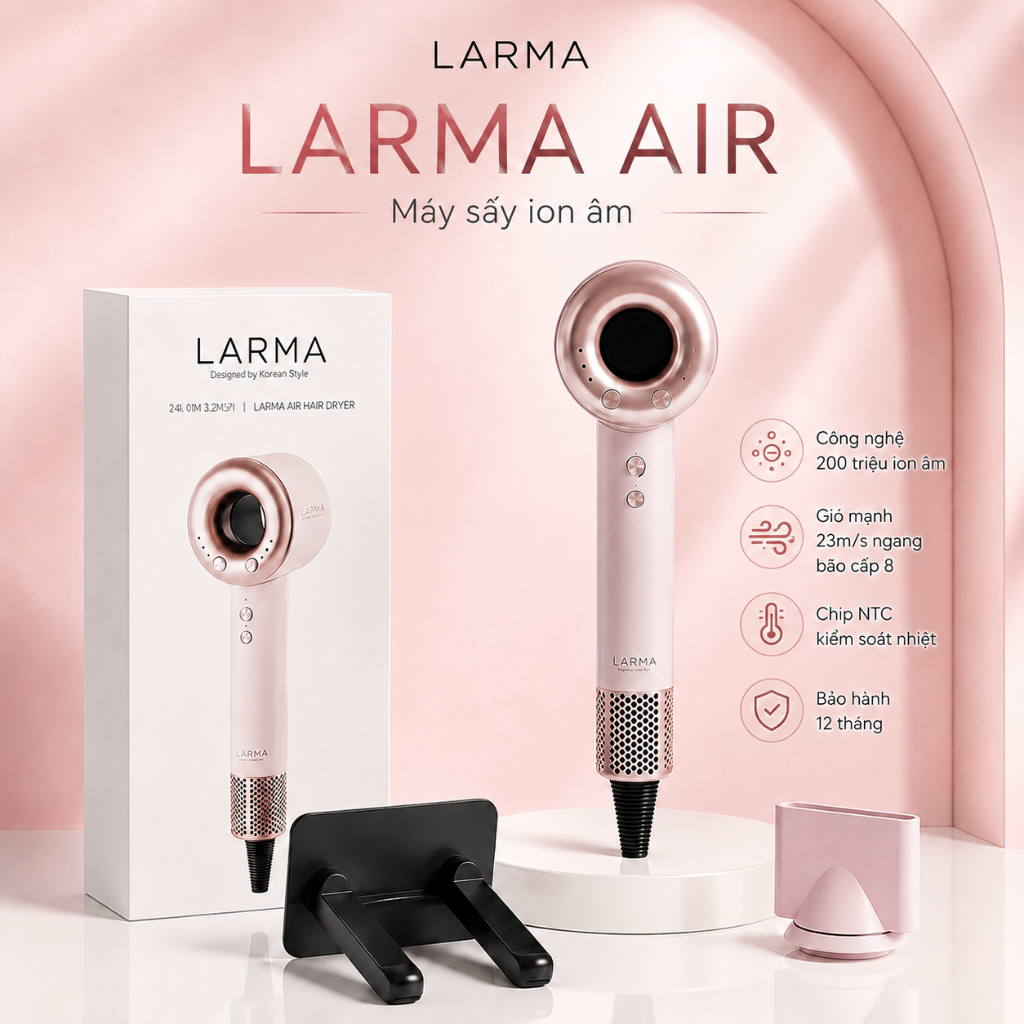 Máy sấy tóc ion âm Hàn Quốc Larma Air giảm xơ rối, sấy nhanh 3 phút, Chip nhiệt NTC không rát da đầu, Bảo Hành 12T