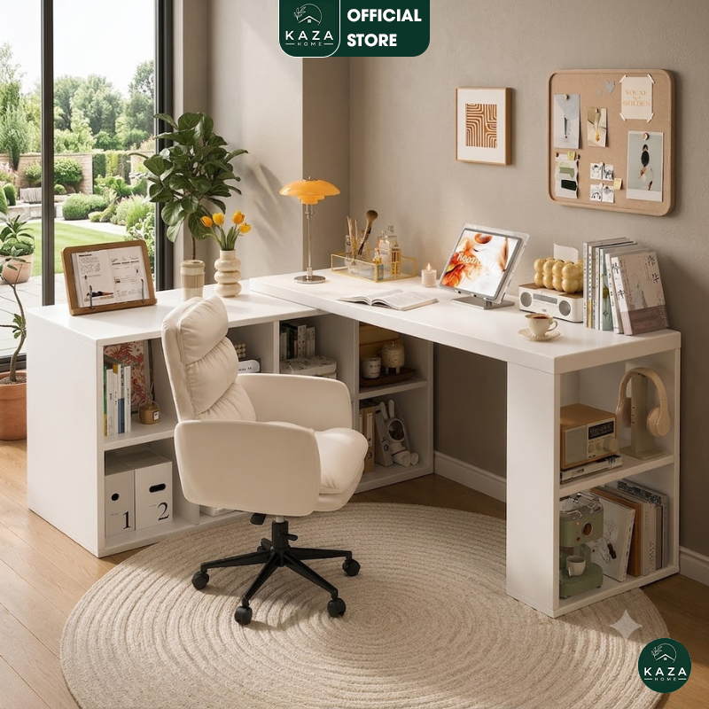 Bàn làm việc góc chữ L kèm kệ sách màu full trắng thương hiệu KAZA - GP368