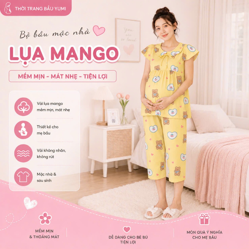 Đồ Bộ Bầu LỬNG , DÀI Lụa Mango Họa Tiết Dễ Thương Trẻ Trung Cho Mẹ Bầu -YUMI STORE