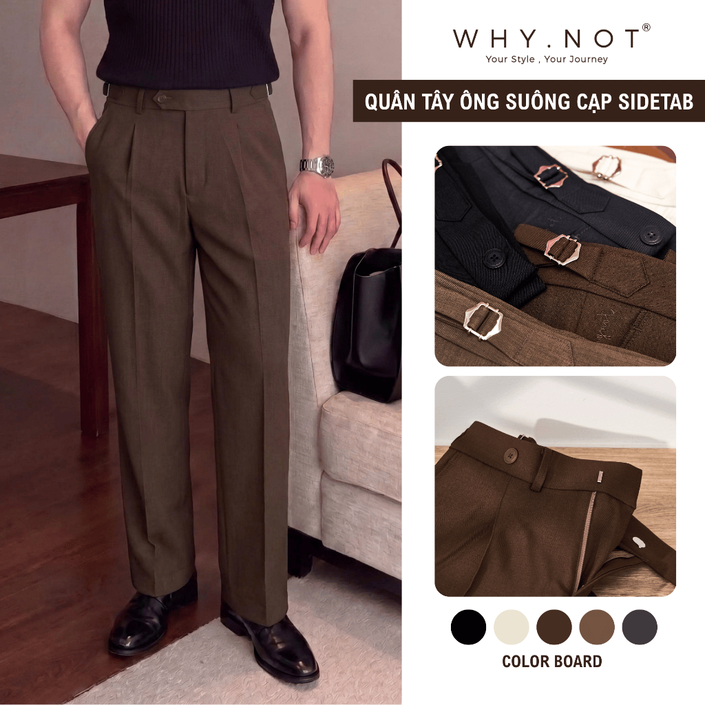 Quần Tây Nam Ống Suông Cạp Sidetab May Cố Định Li Thân Trước Màu Nâu Đậm…