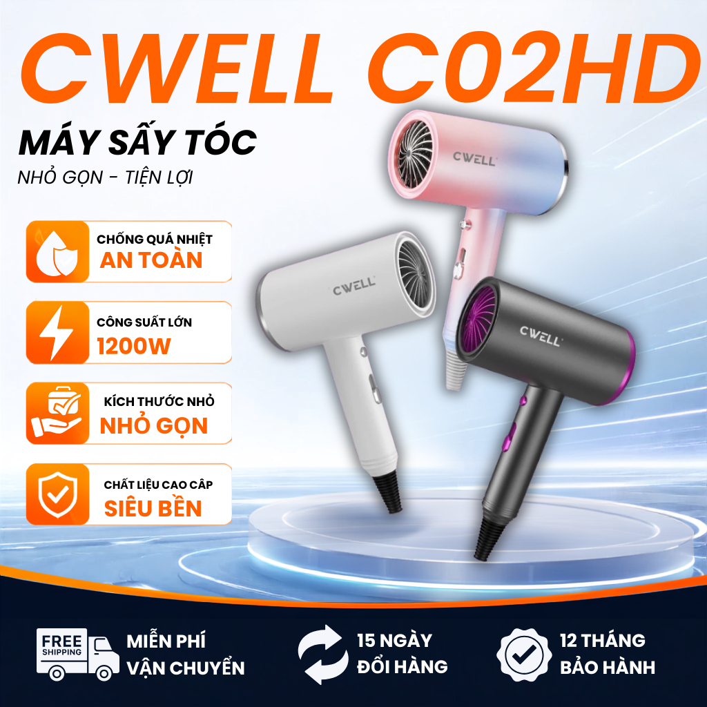 Máy sấy tóc mini CWELL công suất 1200W, 2 chế độ nóng lạnh, ánh sáng xanh C02HD - TẶNG ĐẦU SẤY