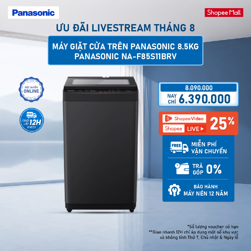 [LIVESTREAM] Máy Giặt Cửa Trên Panasonic CLEAN MASTER 8.5KG NA-F85S11BRV