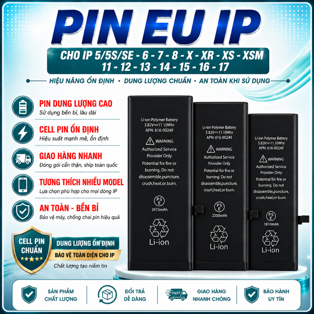 Pin EU Cho IP 5/6/7/8/X/XS/XSM/11/12/13/14/15/16-pin Thay Thế Chính, Cell Chất Lượng, An Toà