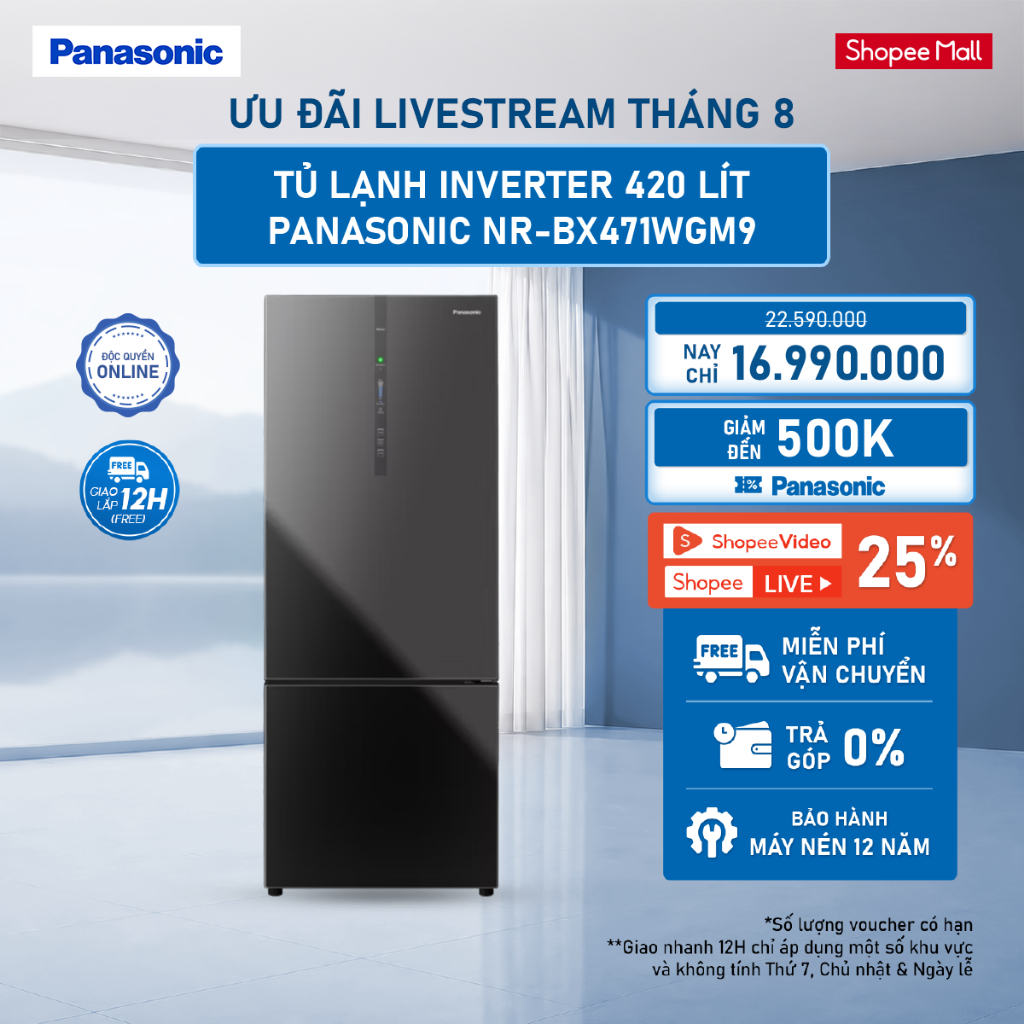 Tủ lạnh Panasonic NR-BX471WGM9 2 cánh, 420L, màu Đen - Mặt gương