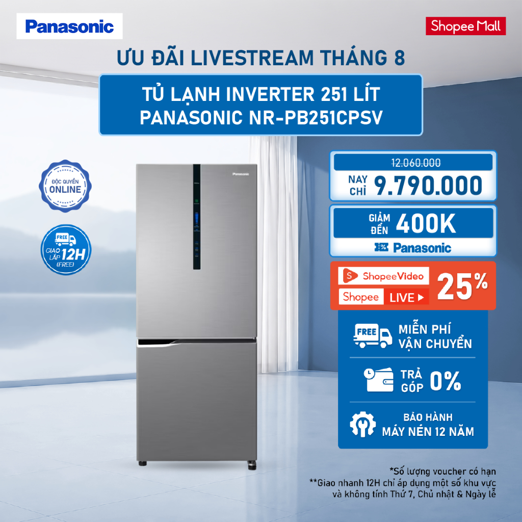 [LIVESTREAM] [Miền Nam giao sau 20/08] Tủ lạnh Panasonic Inverter 251L NR-PB251CPSV Ngăn đông mềm Ng