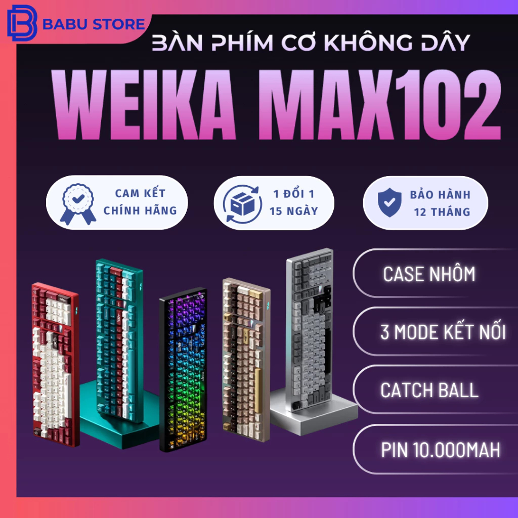 [BH 12TH] Bàn phím cơ Nhôm nguyên khối CNC Weika Max102 - 3 chế độ kết nối- led rgb -Catch ball tháo