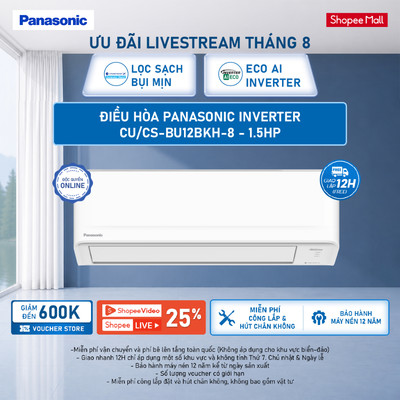 [LIVESTREAM] [Sẵn hàng miền Nam] Điều hòa Panasonic Inverter CU/CS-BU12BKH-8 - 1.5HP - Một chiều