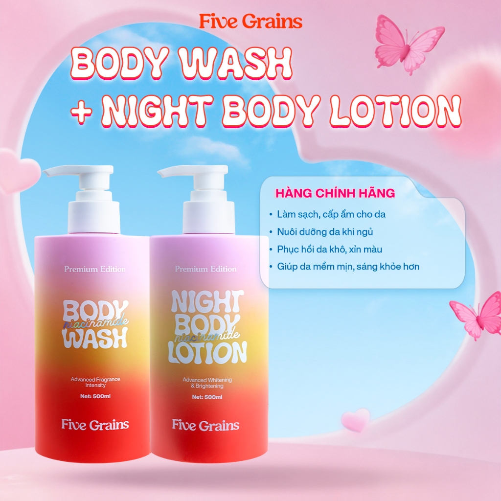 Combo dưỡng trắng da body sữa tắm, kem dưỡng ban đêm Five Grains Niacinamide, Alpha-Arbutin 500ml