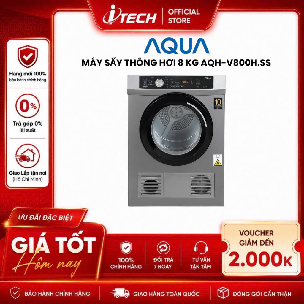 AQH-V800H - Máy sấy thông hơi Aqua 8 kg AQH-V800H.SS - Hàng chính hãng