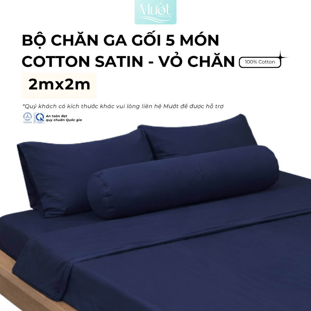 Bộ chăn ga gối 5 món nệm kích thước 2mx2m Cotton Satin Mướt Bedding cao cấp trơn màu