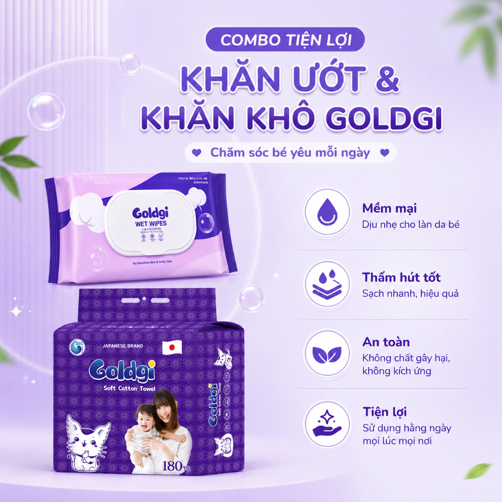 Combo Khăn Ướt + Khăn Khô Goldgi 180 Tờ Chính Hãng