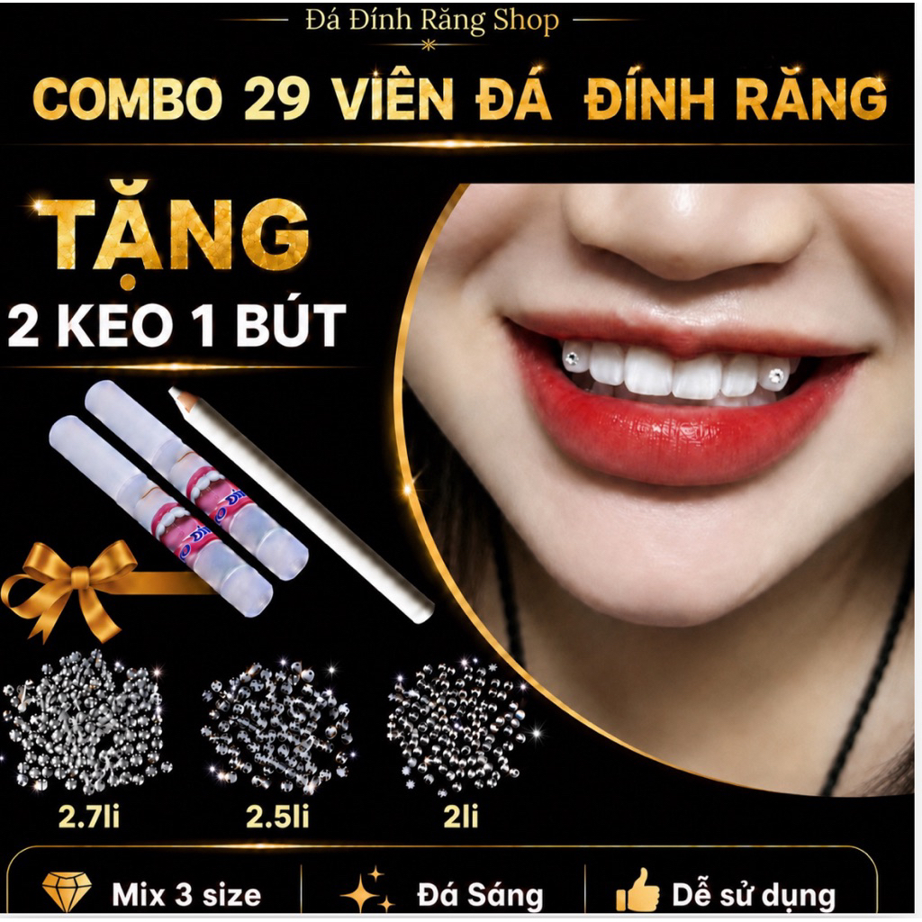 [ Mix 3 size] Combo 29v Đá Đính Răng đủ size kèm 2 Keo 1 đính Bút đính( đá chân bằng).