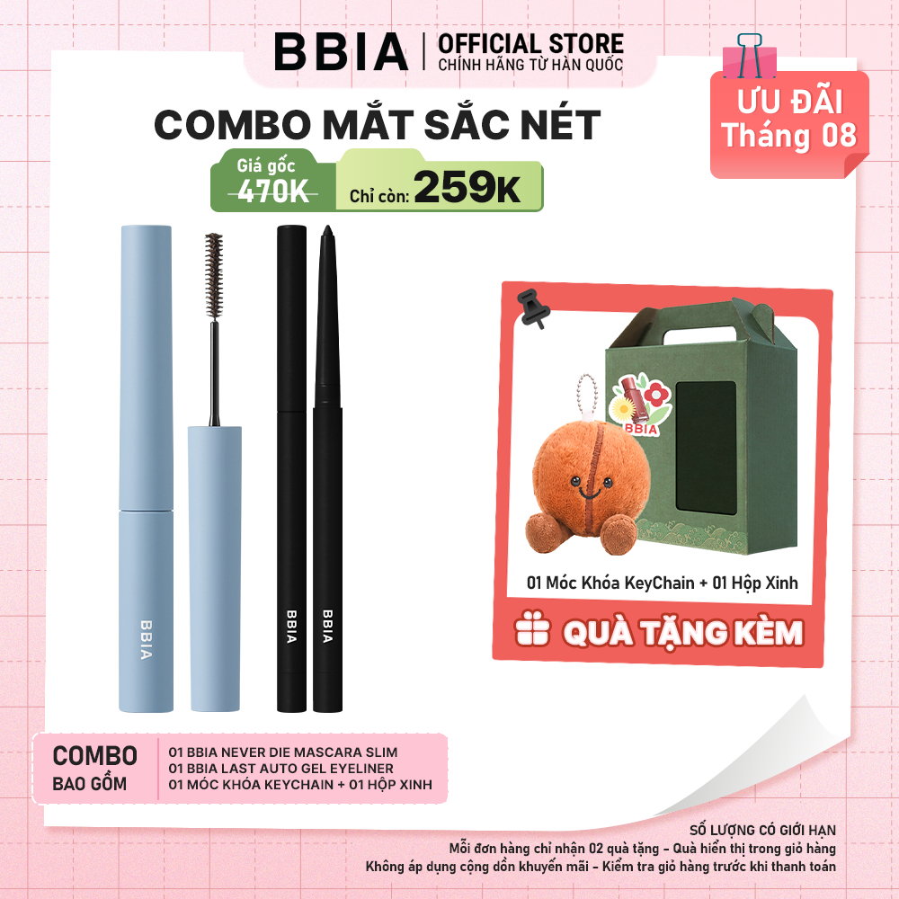 COMBO Mắt Sắc Nét: 01 Mascara tơi mi, không lem BBIA Never Die Slim + 1 Kẻ mắt chống nước BBIA Last 