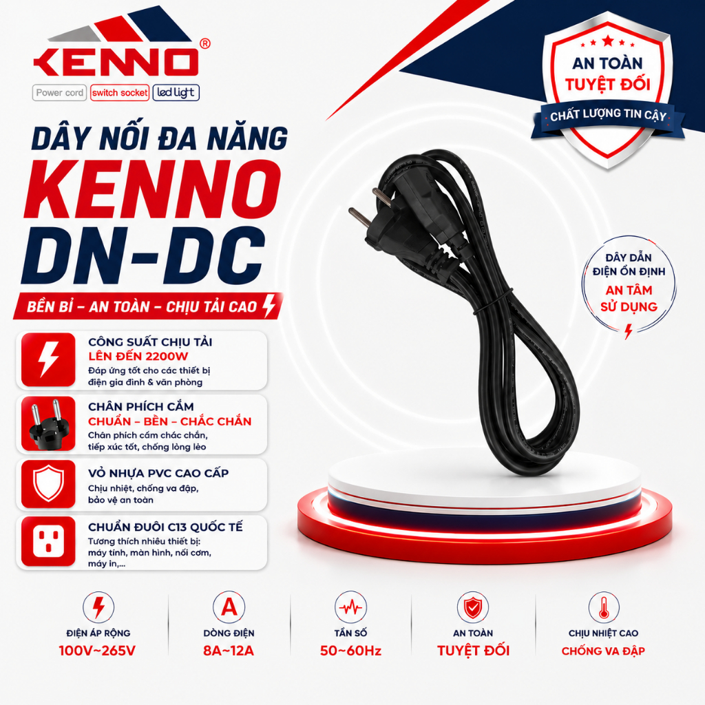 Dây nồi cơm KENNO 3 chấu, chuyên nồi cơm, máy tính, siêu tốc, máy in, màn hình PC chịu tải 1200W
