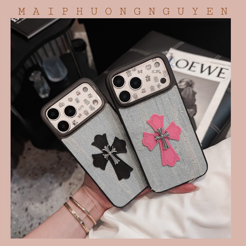 Ốp lưng iphone vải bò CHÔM THÁNH GIÁ ĐEN HỒNG XSMAX/11/11PRM/12PRM/14PRM/15PRM/16PRM/17PRM