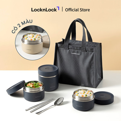 Bộ hộp cơm giữ nhiệt Lock&Lock Pump Vacuum Lunch Box (300ml*2, 500ml*1, bộ đũa và thìa, túi) LHC8052S02