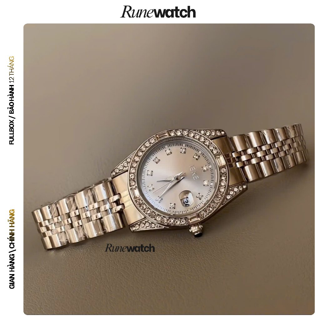 [ Rune Watch IK01 ] Đồng Hồ Nữ Chính Hãng IEKE Tone Xám Viền Đá Sang Trọng Thanh Lịch - Size 28mm Dâ